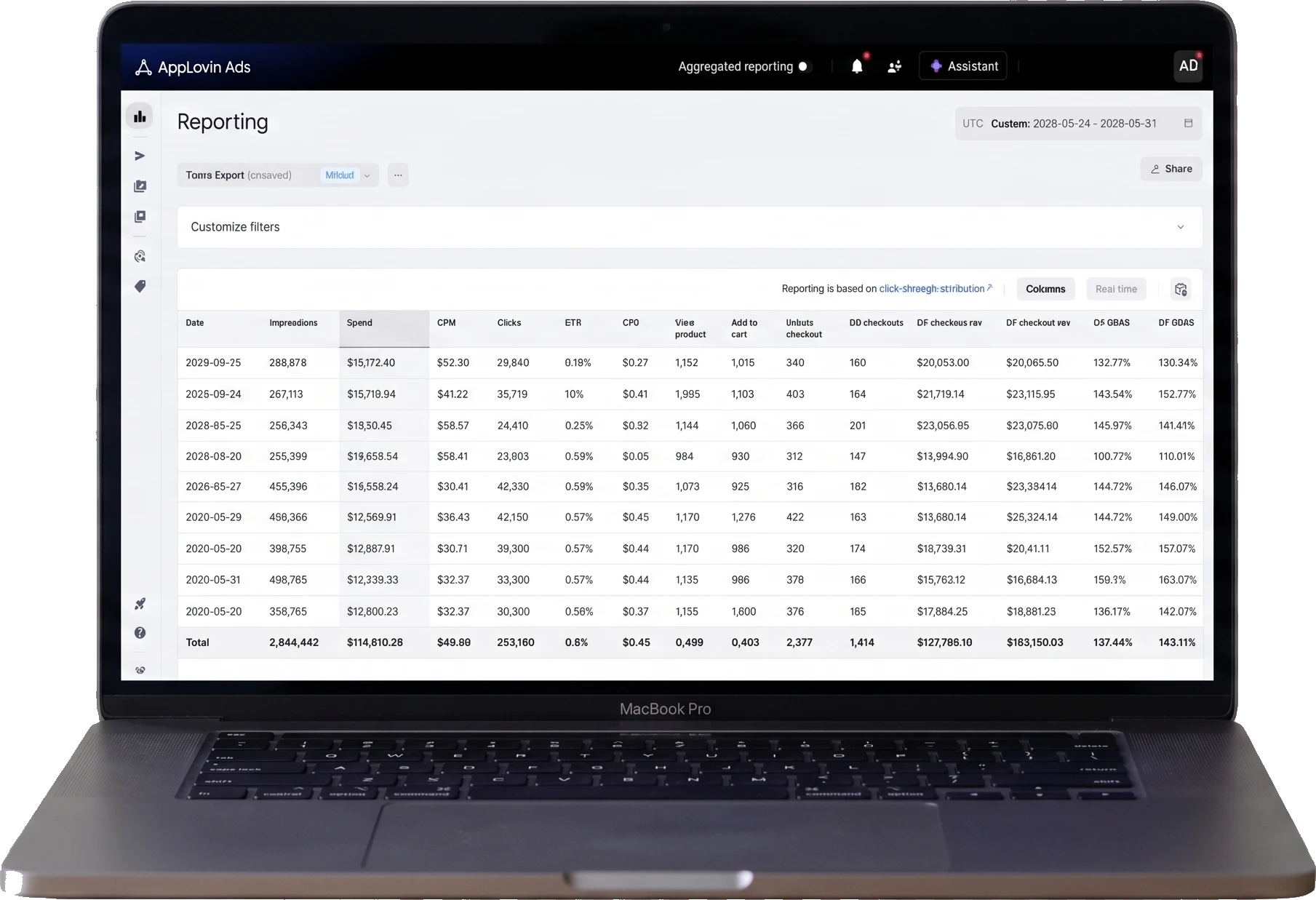 AppLovin Ads aggregated reporting dashboard shown on a MacBook